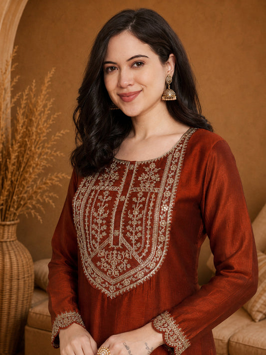 Rust-Yoke Full-Sleeve Vichitra Silk Kurta