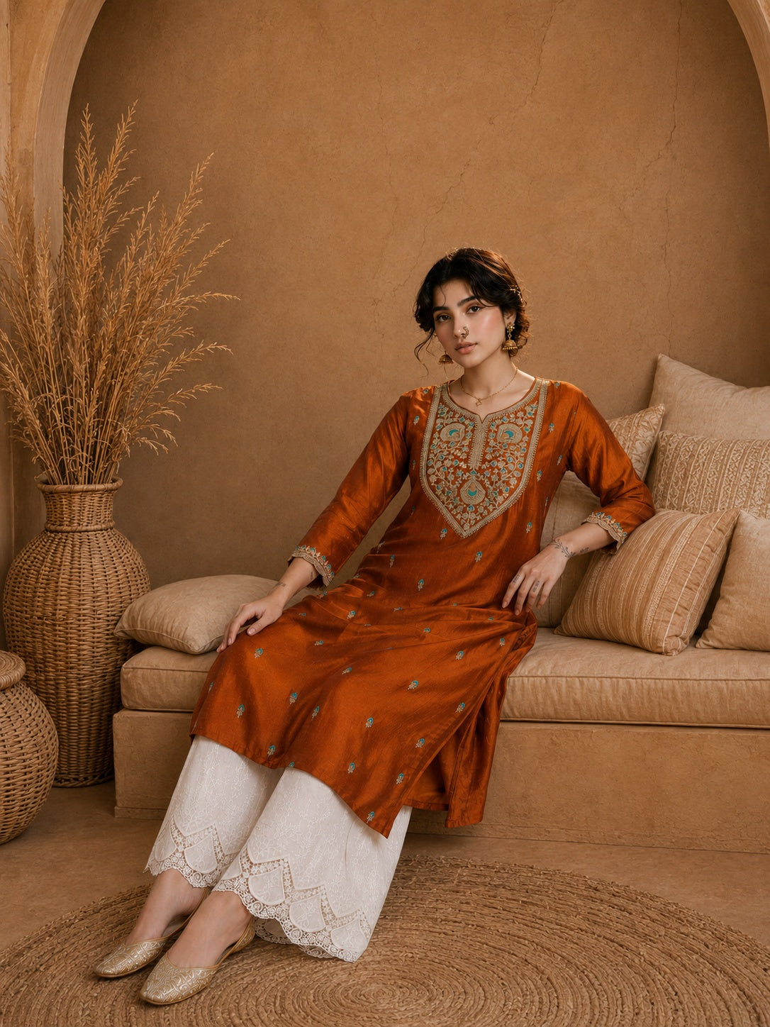 Rust Heritage Zari Yoke Silk Kurta