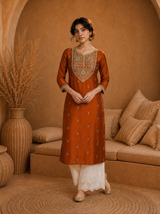 Rust Heritage Zari Yoke Silk Kurta