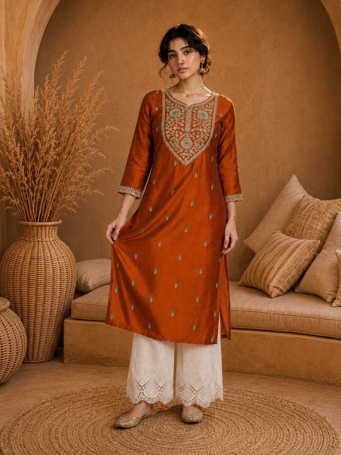 Rust Heritage Zari Yoke Silk Kurta