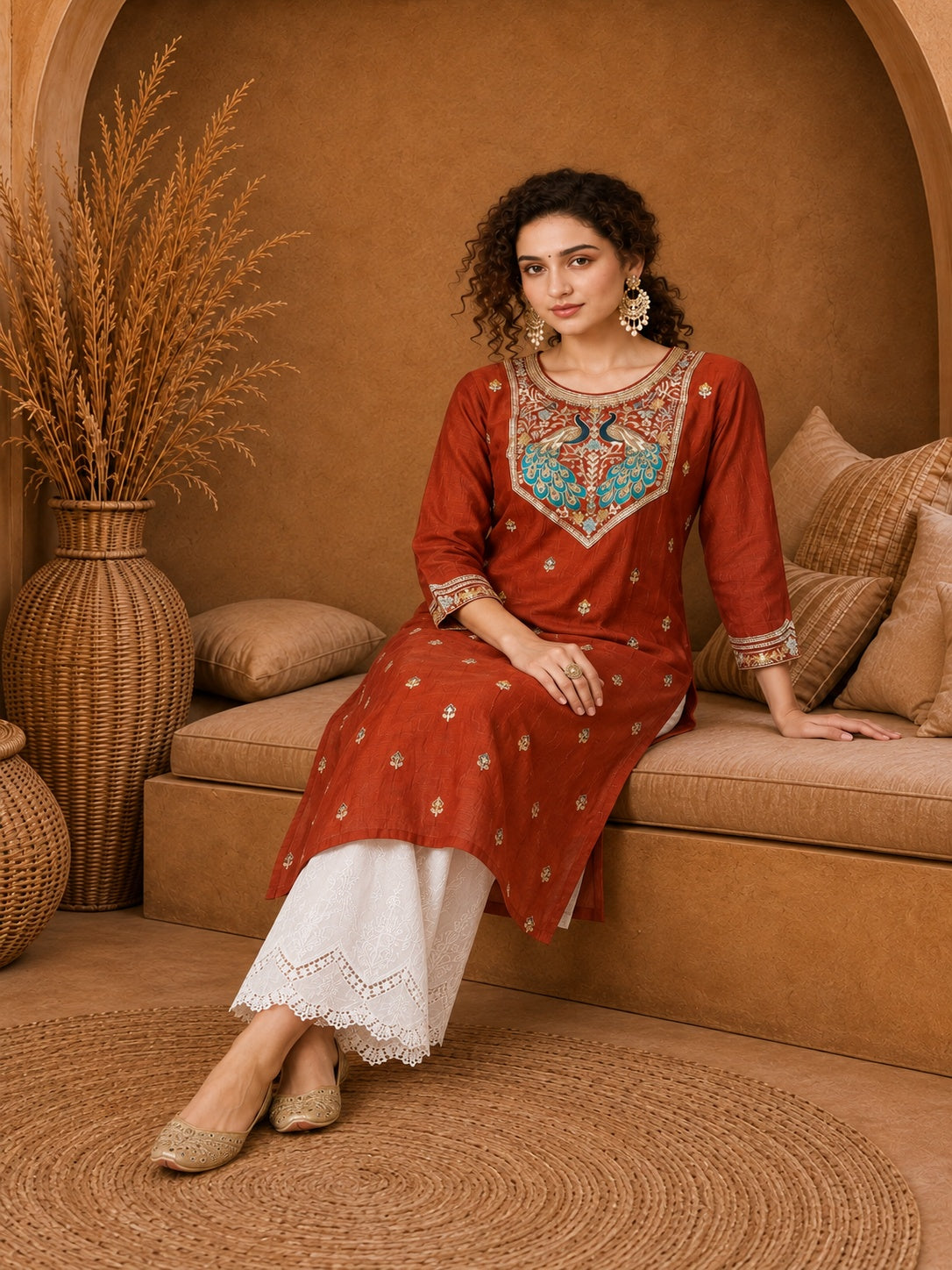 Fanta Twin Peacock Zari Embroidered Silk Kurta