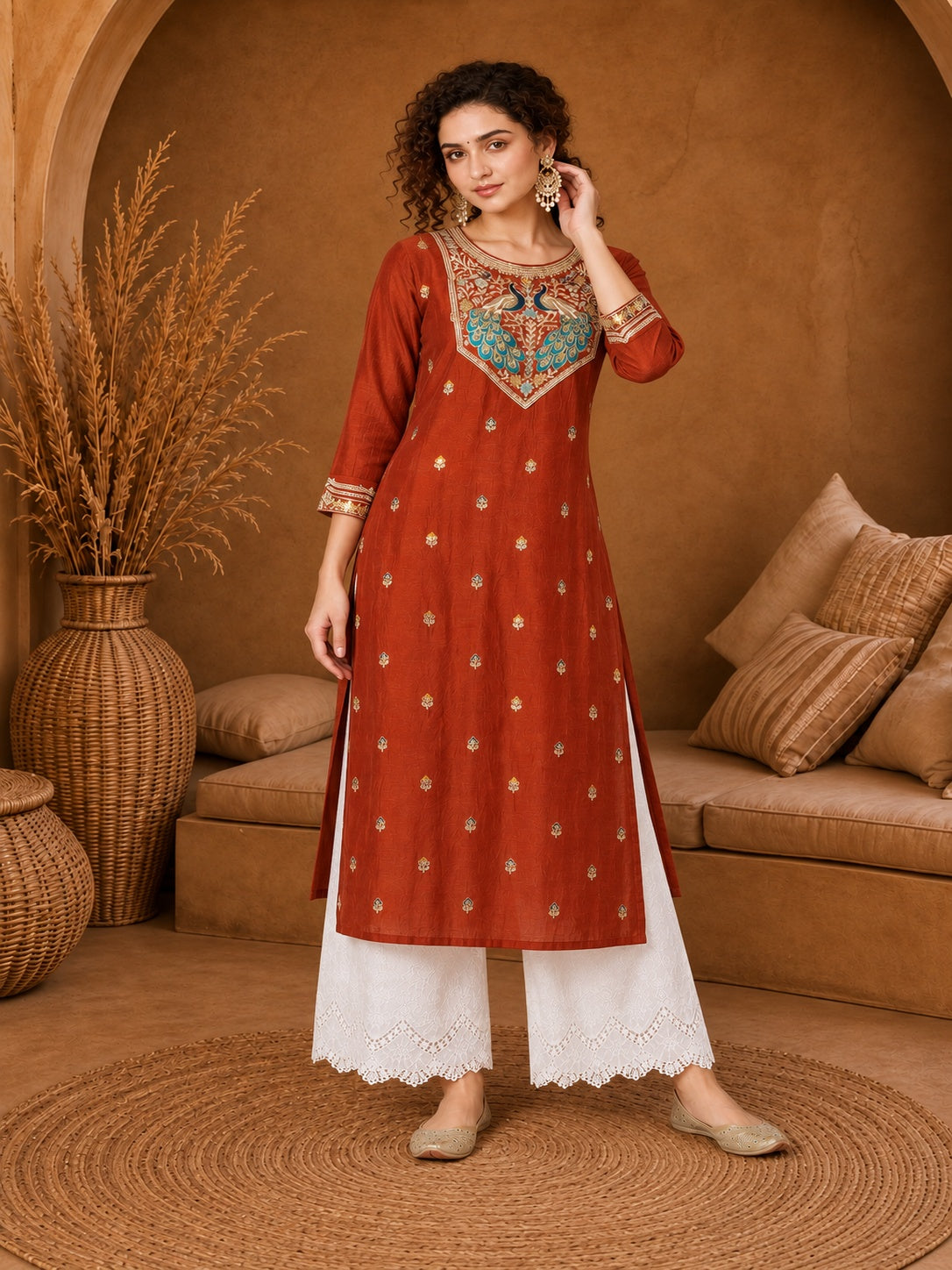 Fanta Twin Peacock Zari Embroidered Silk Kurta