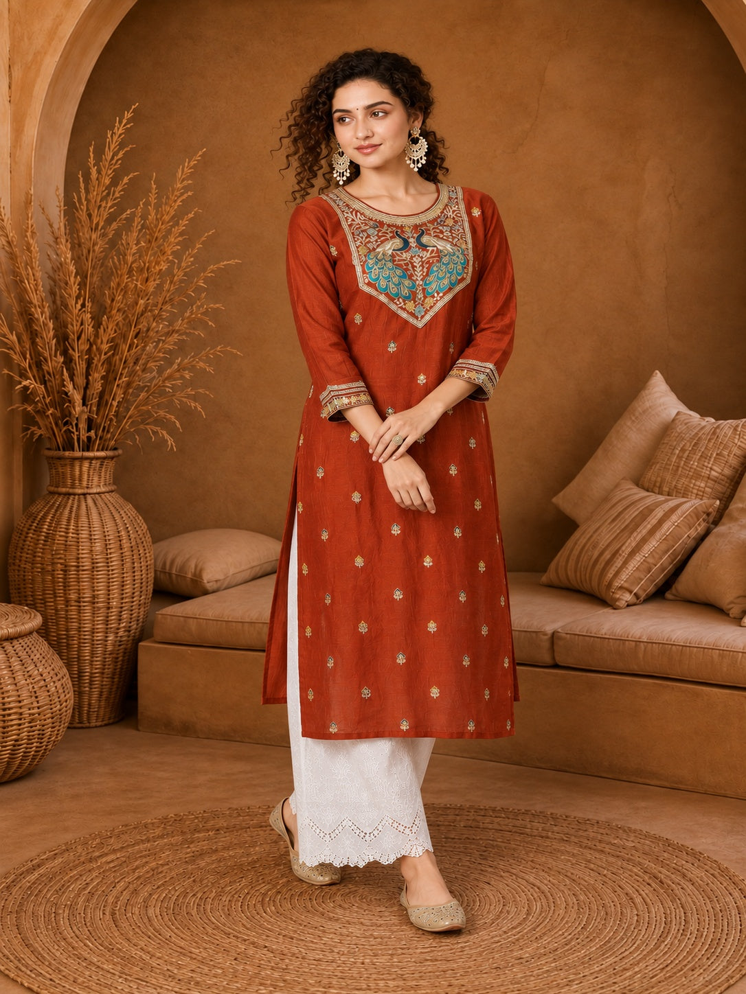 Fanta Twin Peacock Zari Embroidered Silk Kurta