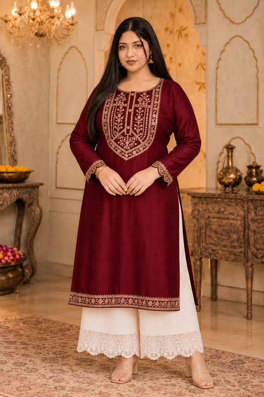 Maroon Big-Button Full-Sleeve Vichitra Silk Kurta