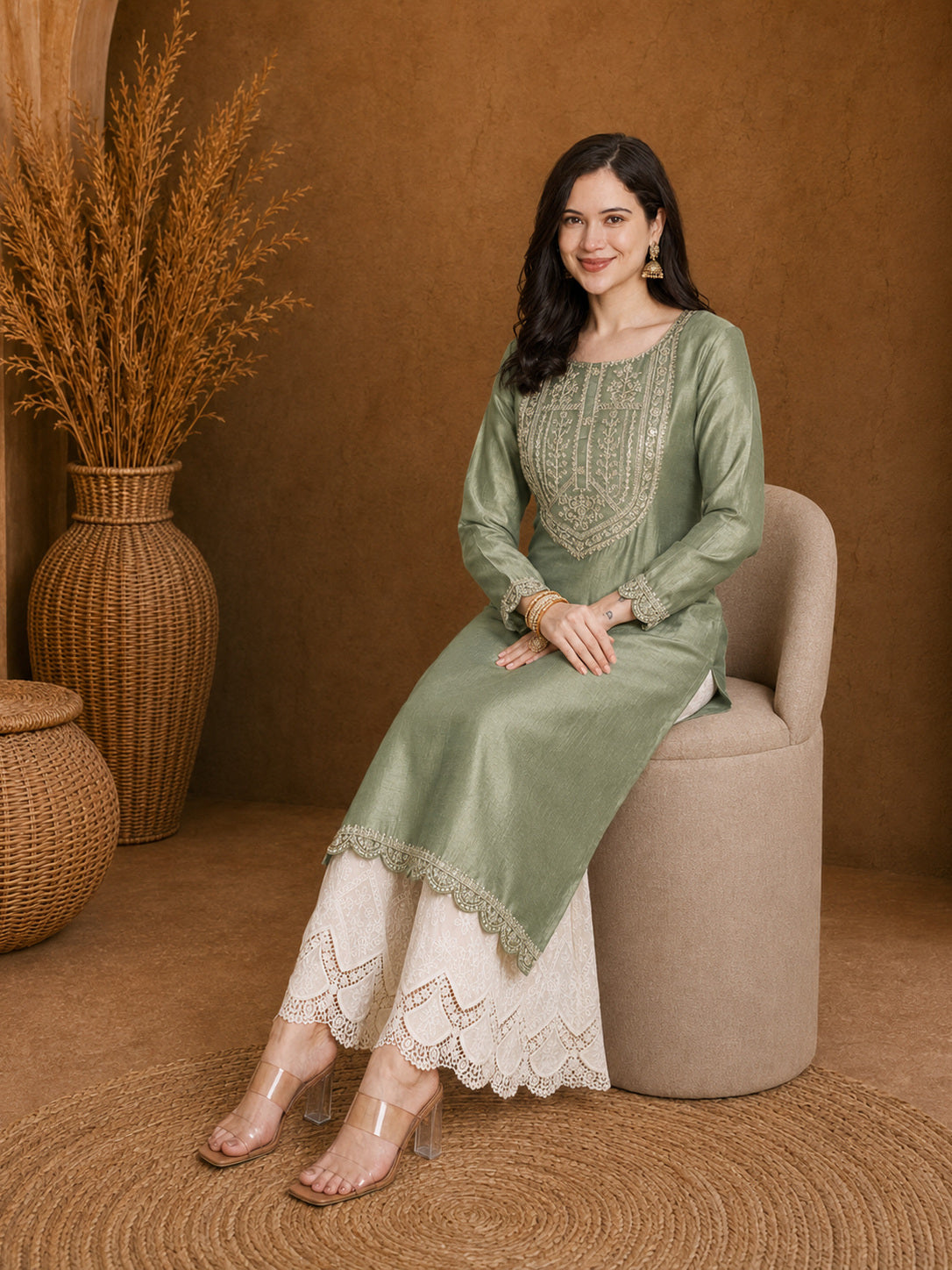 Pista-Yoke Full-Sleeve Vichitra Silk Kurta
