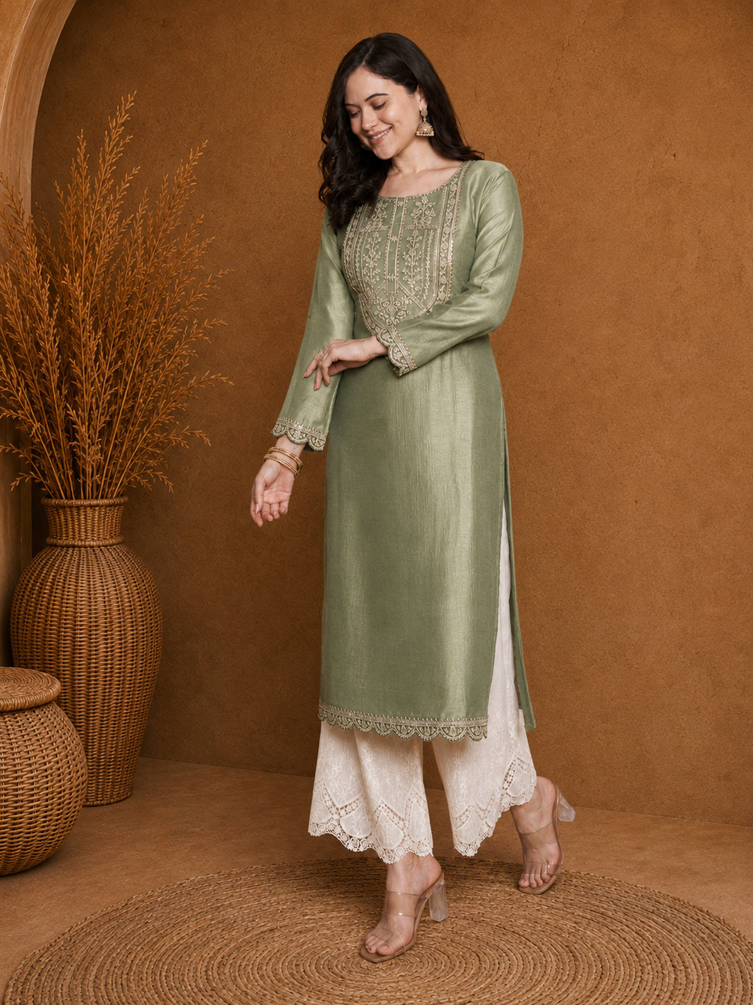 Pista-Yoke Full-Sleeve Vichitra Silk Kurta