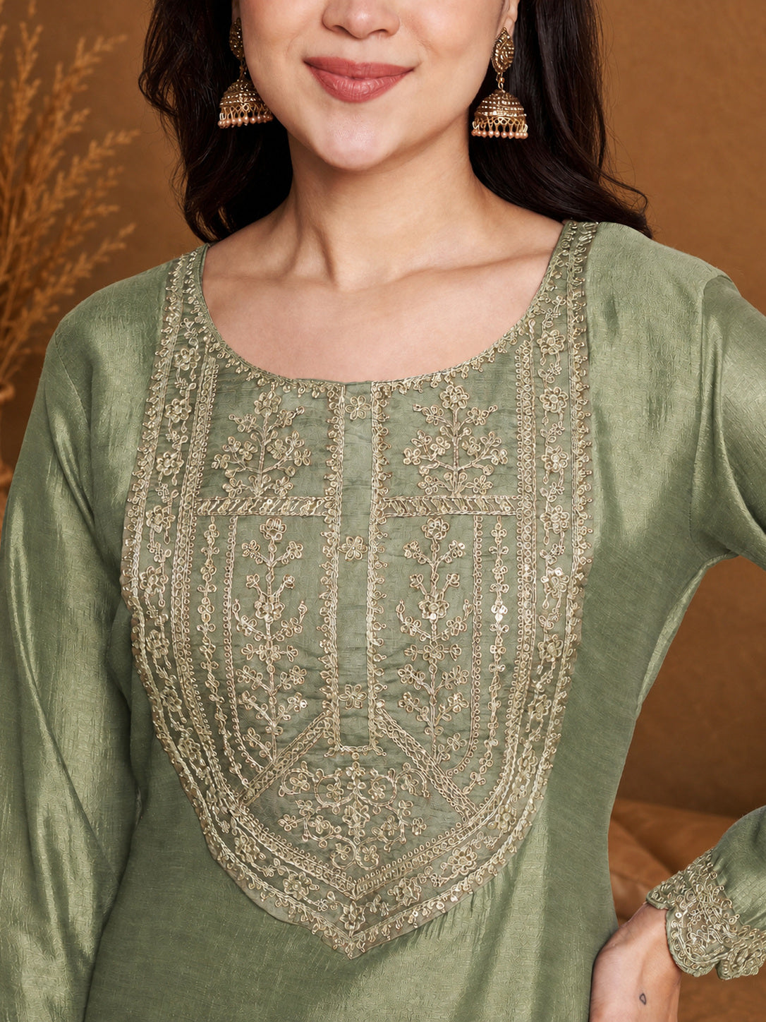 Pista-Yoke Full-Sleeve Vichitra Silk Kurta
