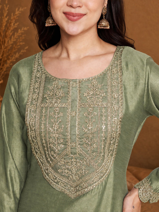 Pista-Yoke Full-Sleeve Vichitra Silk Kurta