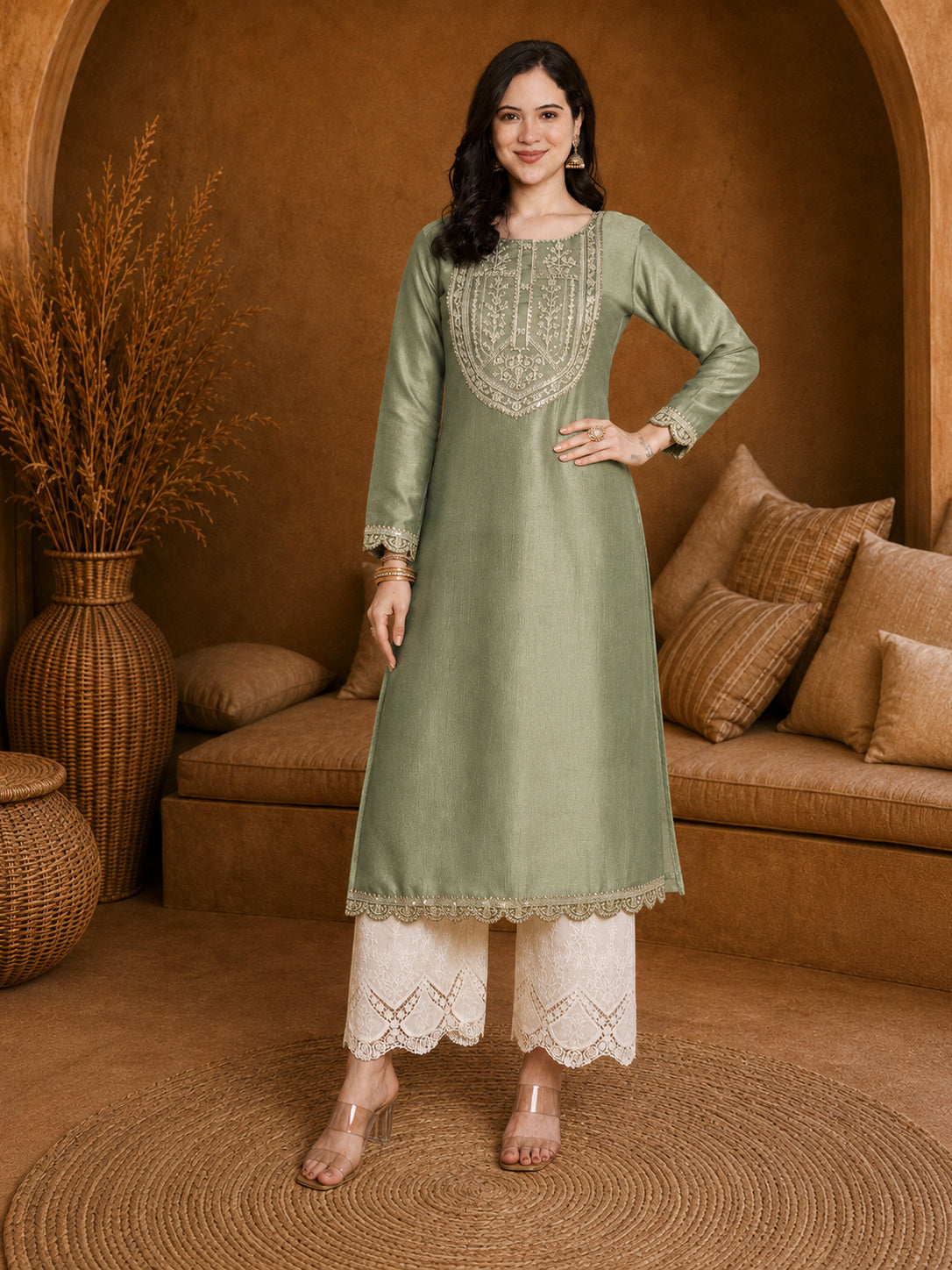 Pista-Yoke Full-Sleeve Vichitra Silk Kurta