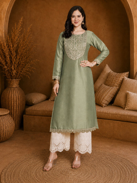 Pista-Yoke Full-Sleeve Vichitra Silk Kurta