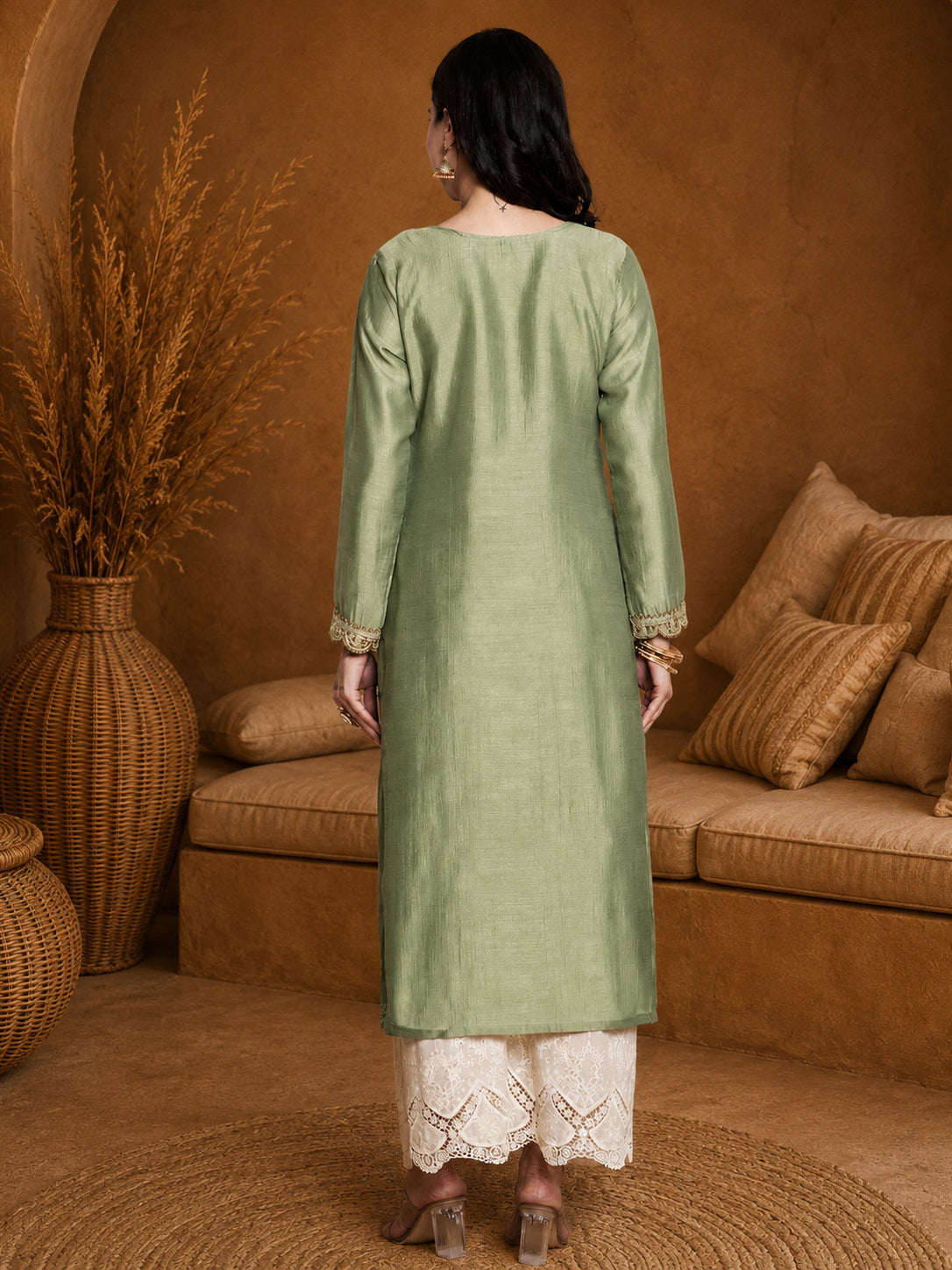 Pista-Yoke Full-Sleeve Vichitra Silk Kurta