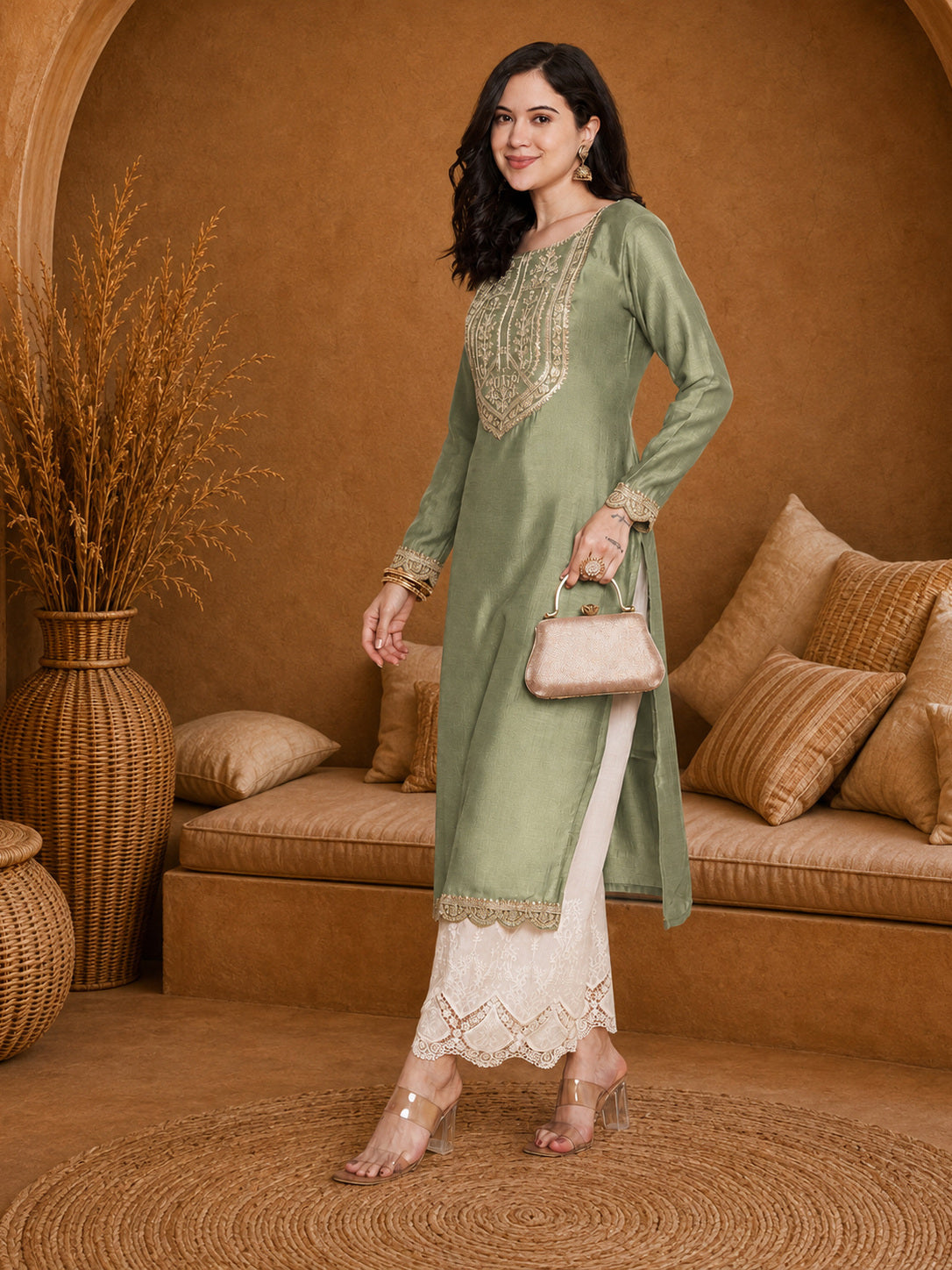 Pista-Yoke Full-Sleeve Vichitra Silk Kurta