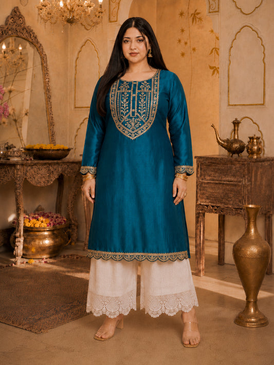 Teal Blue Big-Button Full-Sleeve Vichitra Silk Kurta