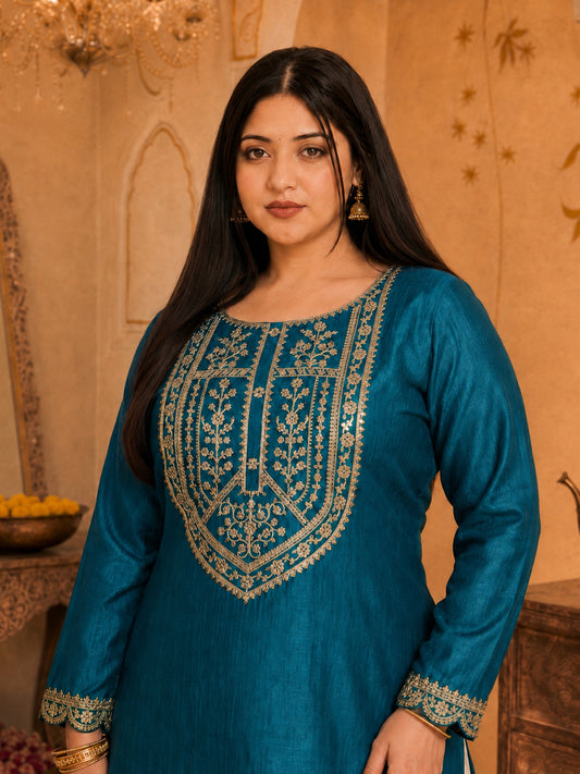 Teal Blue Big-Button Full-Sleeve Vichitra Silk Kurta
