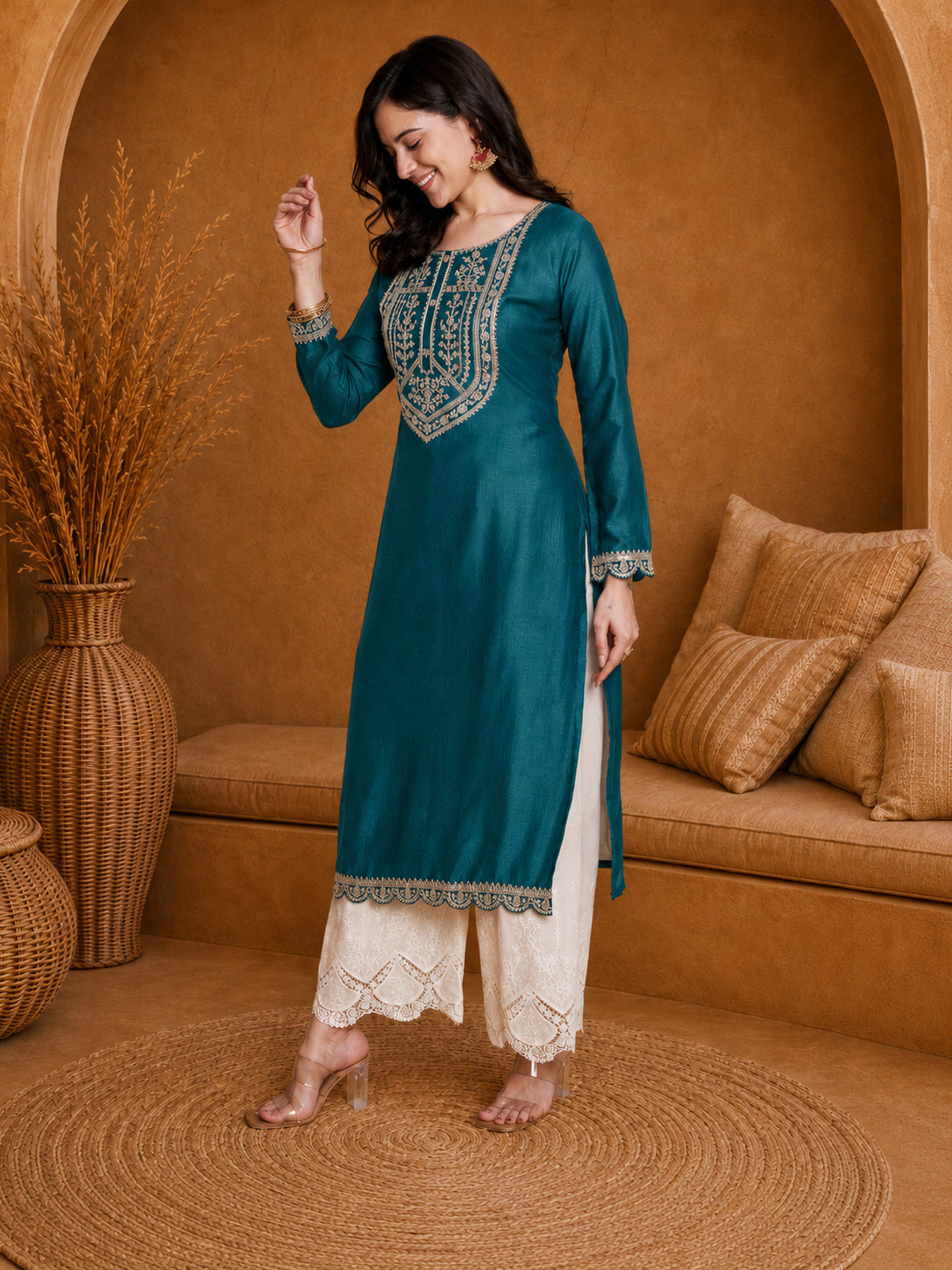 Teal-Yoke Full-Sleeve Vichitra Silk Kurta