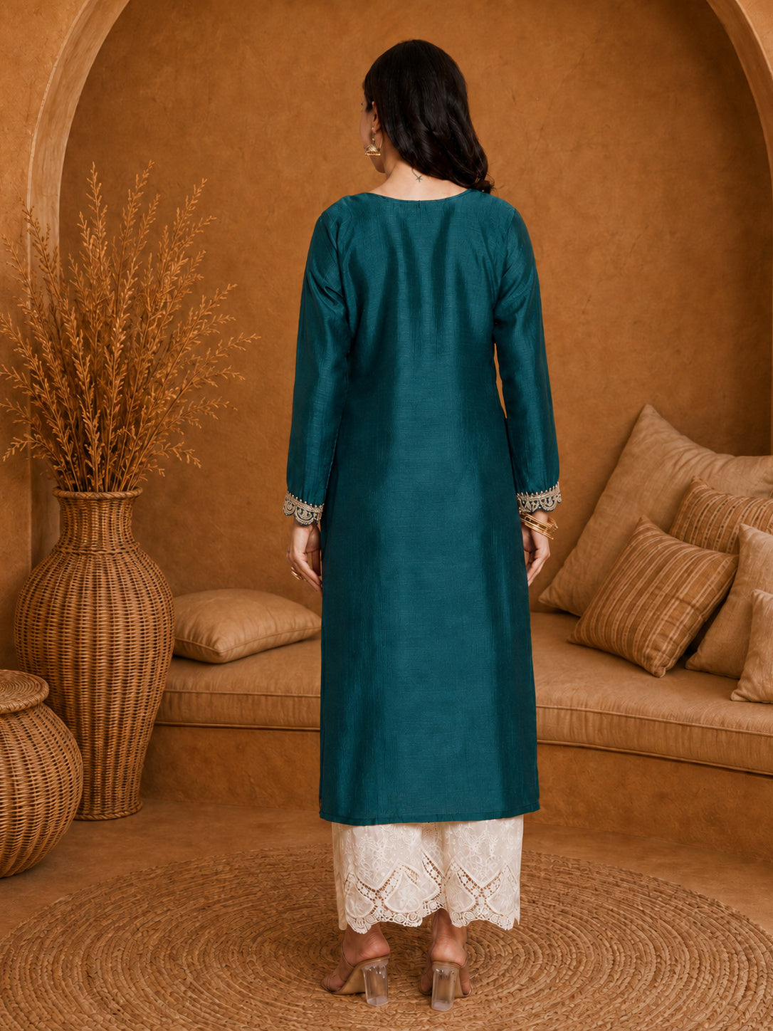 Teal-Yoke Full-Sleeve Vichitra Silk Kurta