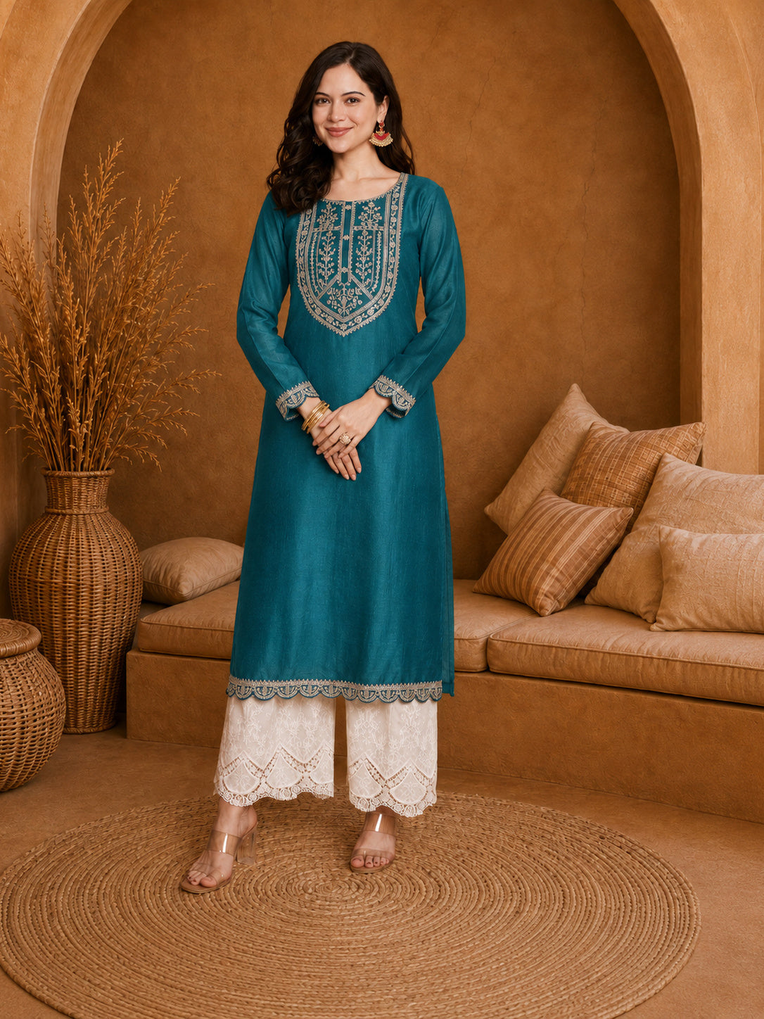 Teal-Yoke Full-Sleeve Vichitra Silk Kurta