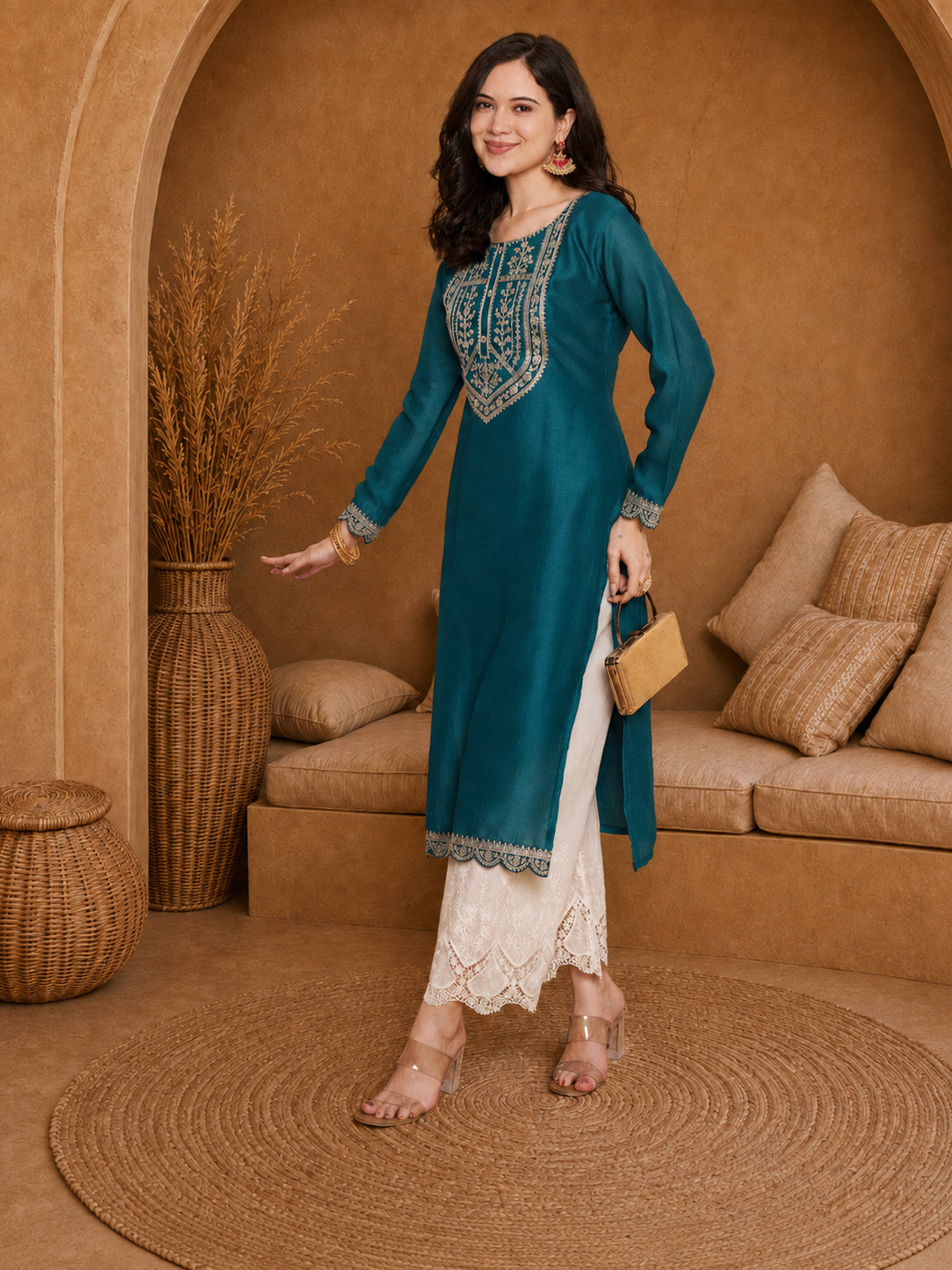Teal-Yoke Full-Sleeve Vichitra Silk Kurta