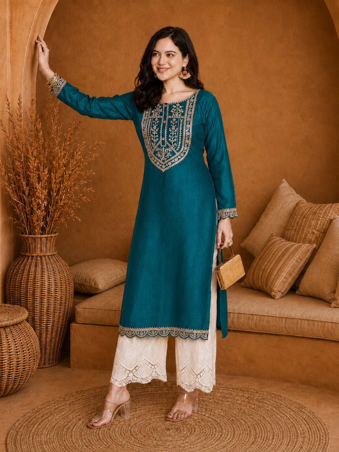 Teal-Yoke Full-Sleeve Vichitra Silk Kurta