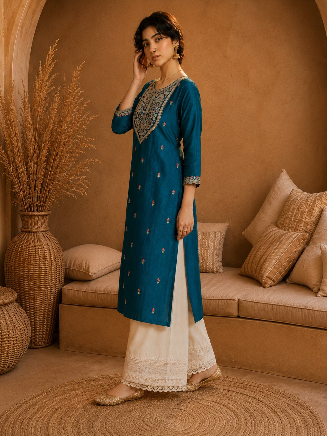 Teal Heritage Zari Yoke Silk Kurta