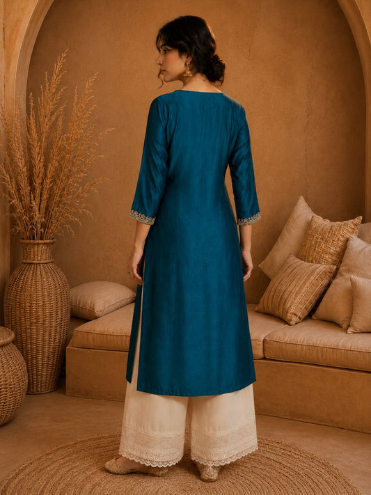 Teal Heritage Zari Yoke Silk Kurta