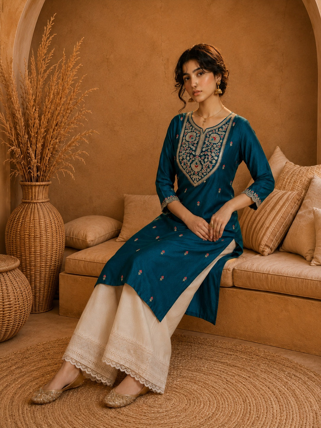 Teal Heritage Zari Yoke Silk Kurta