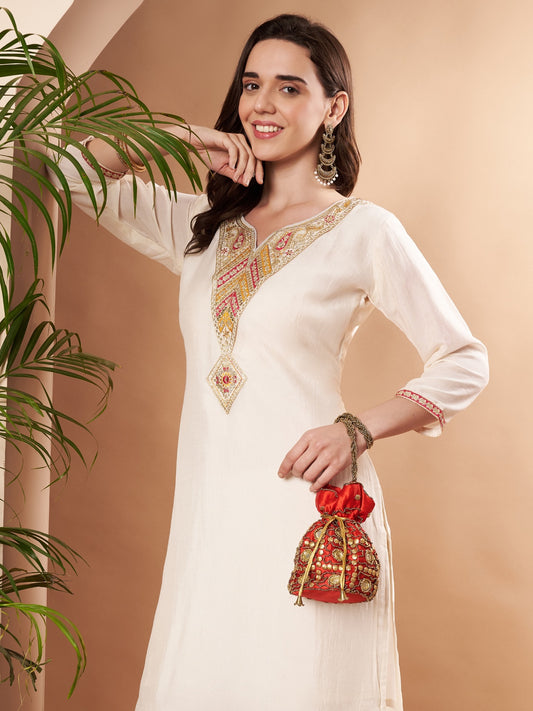 Off white Arrow Embroidered Straight Silk Kurta