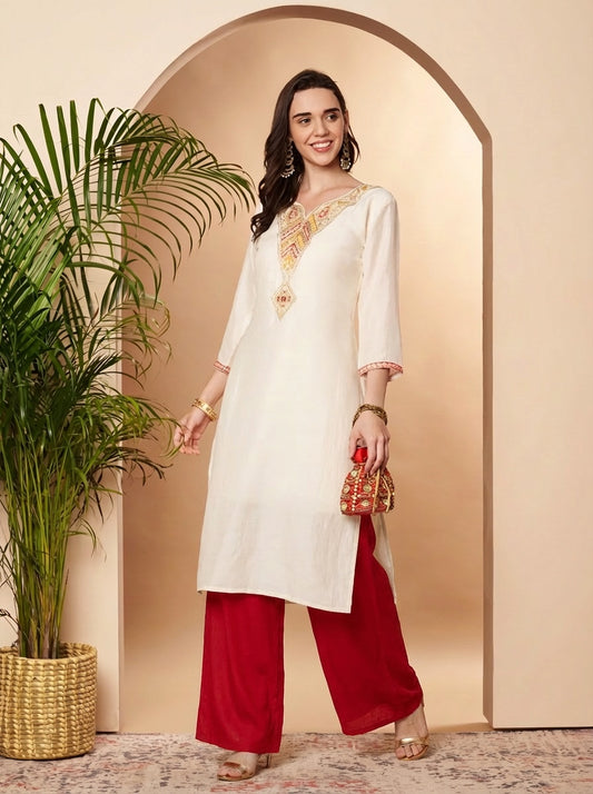 Off white Arrow Embroidered Straight Silk Kurta