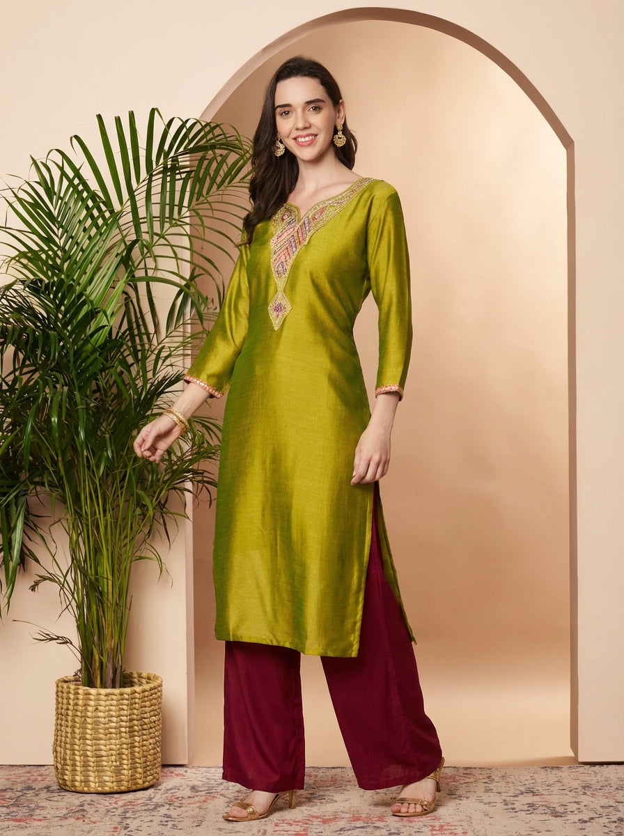 Arrow Embroidered Straight Silk Kurta