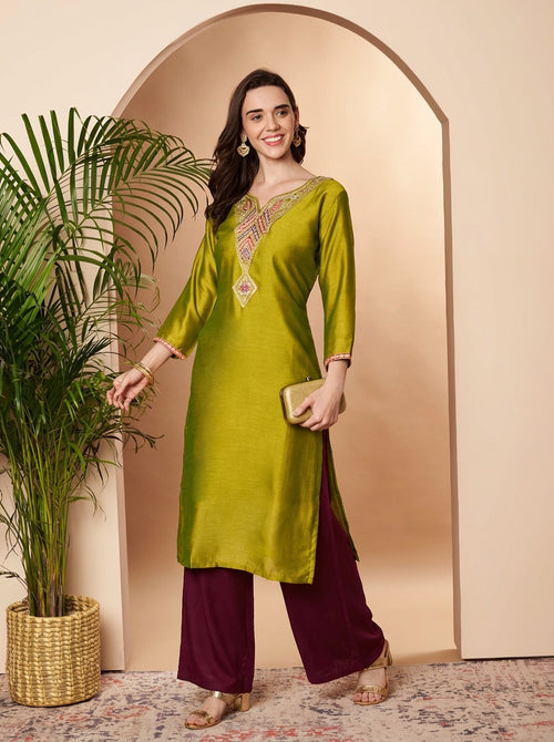 Arrow Embroidered Straight Silk Kurta