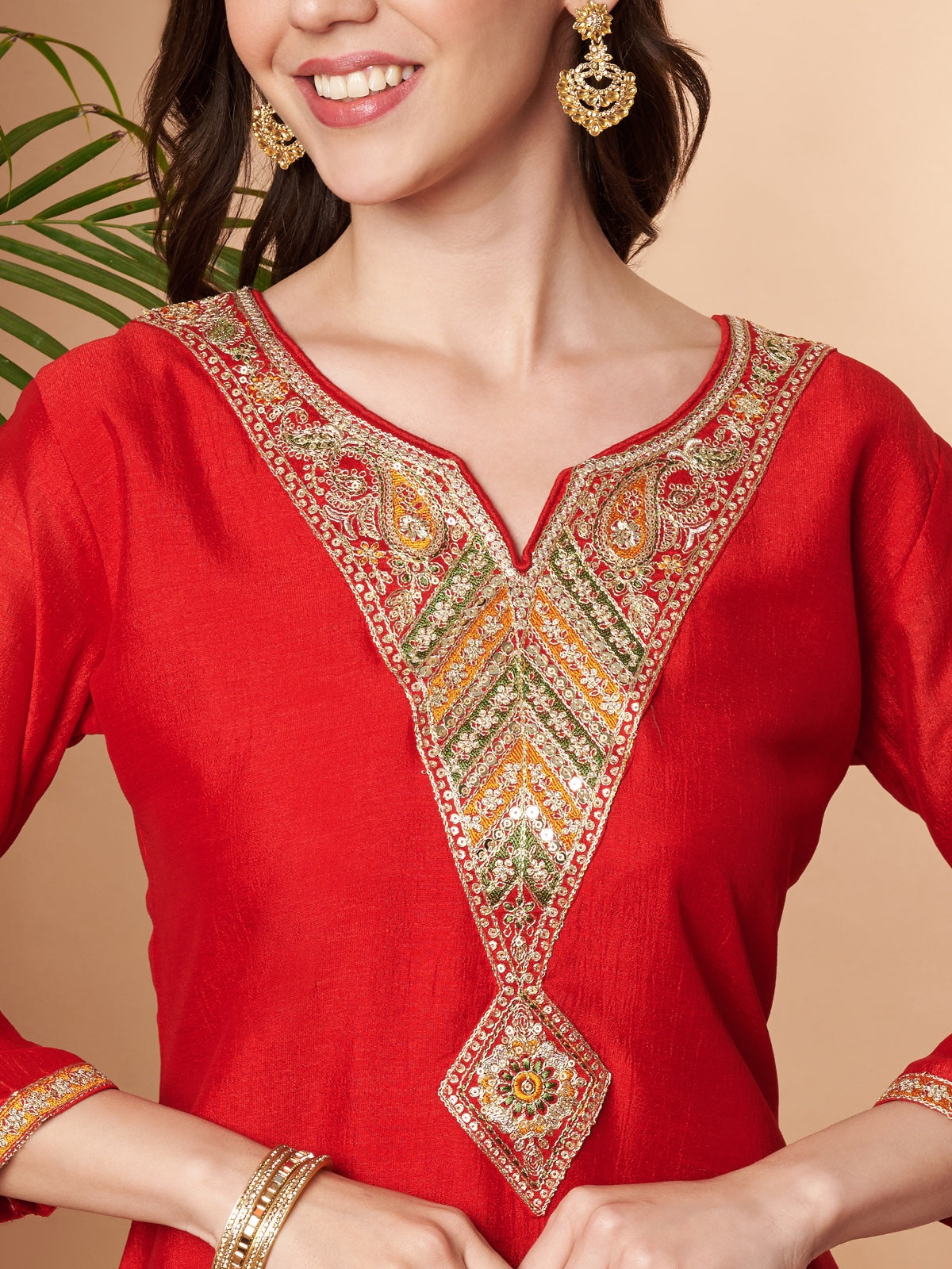 Red Arrow Embroidered Straight Silk Kurta