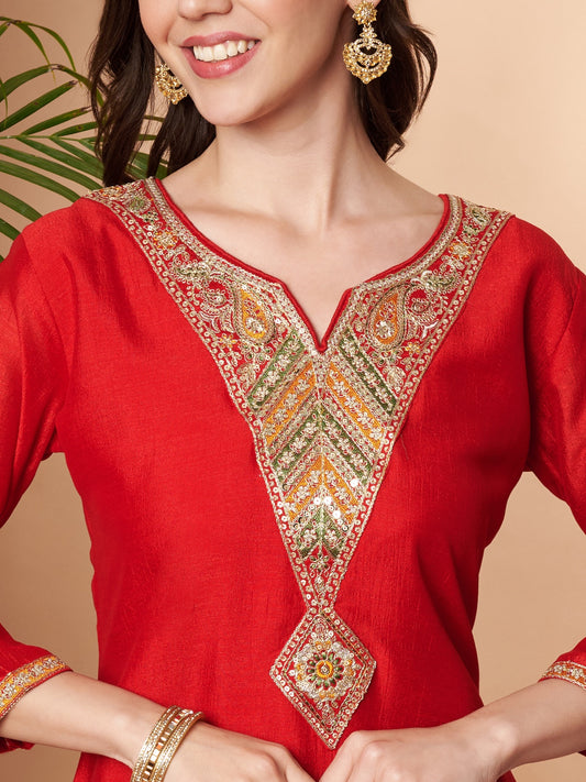 Red Arrow Embroidered Straight Silk Kurta