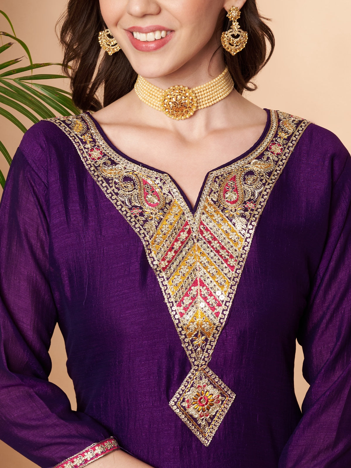 Purple Arrow Embroidered Straight Silk Kurta