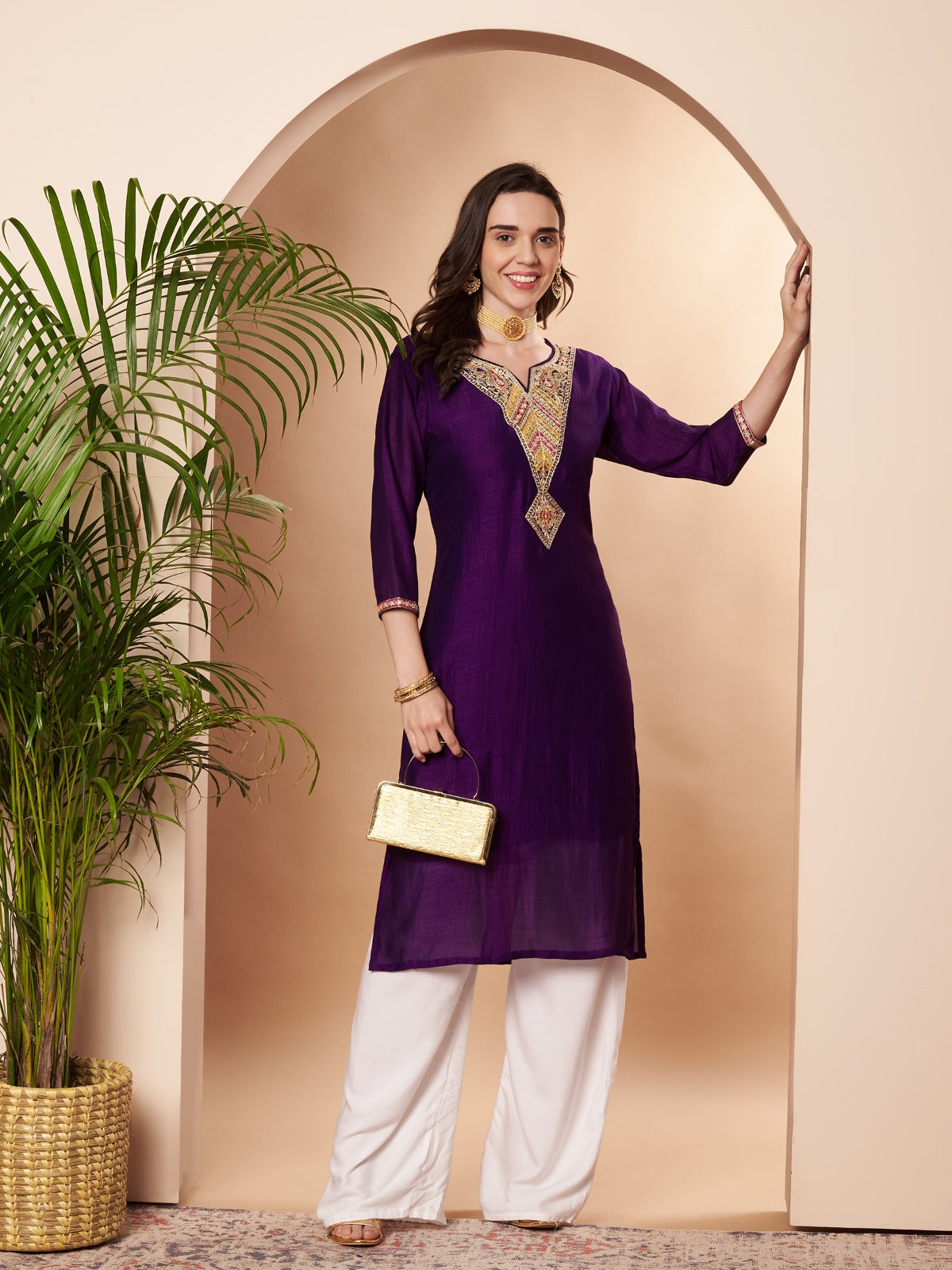 Purple Arrow Embroidered Straight Silk Kurta
