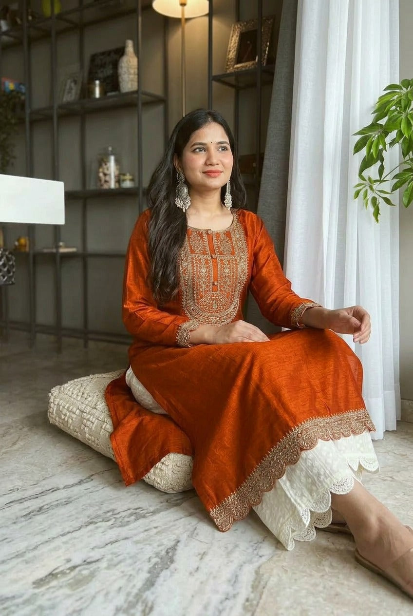 Orange Ujala Embroidered Art Silk Kurta