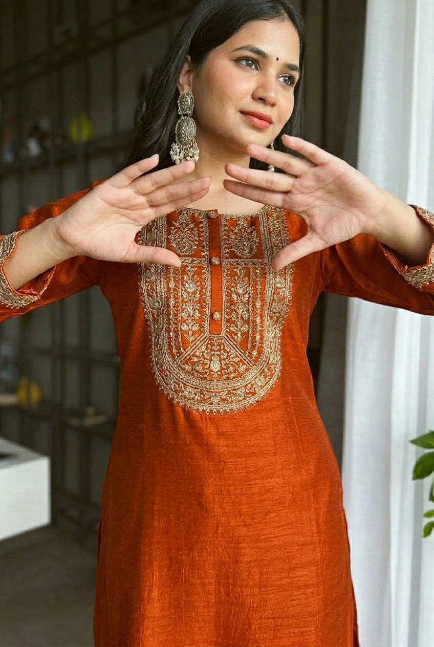 Orange Ujala Embroidered Art Silk Kurta
