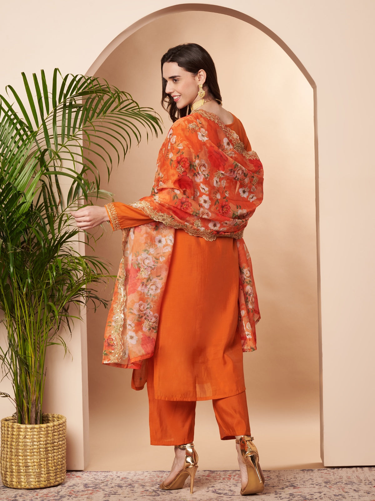 Orange Embroidered Cotton Silk Kurta Set with Dupatta