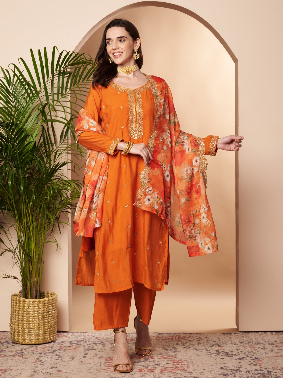 Orange Embroidered Cotton Silk Kurta Set with Dupatta