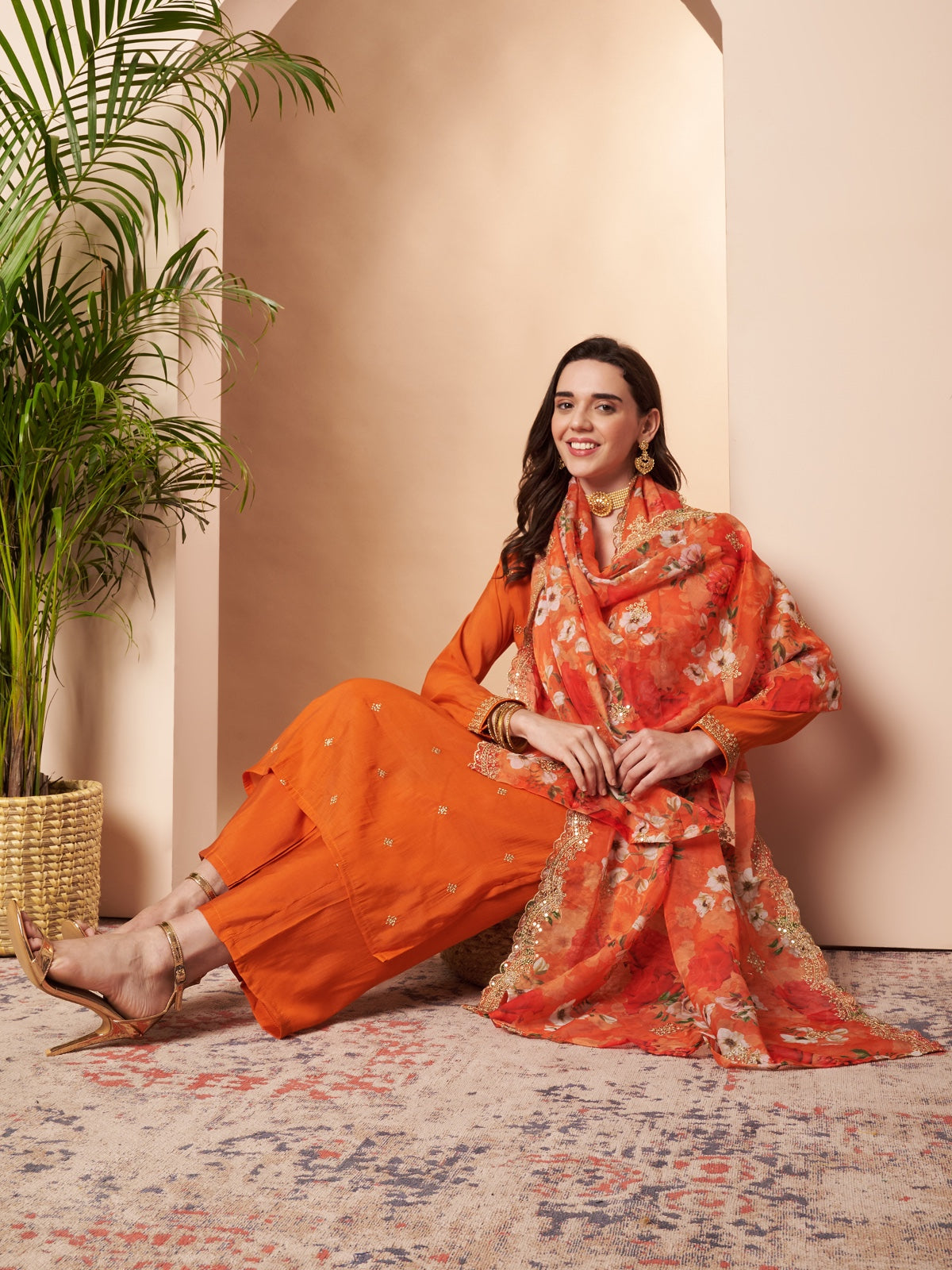 Orange Embroidered Cotton Silk Kurta Set with Dupatta