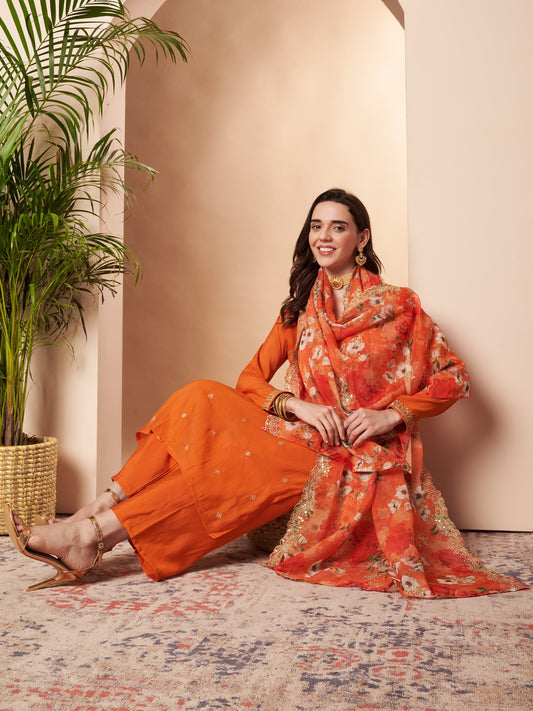 Orange Embroidered Cotton Silk Kurta Set with Dupatta