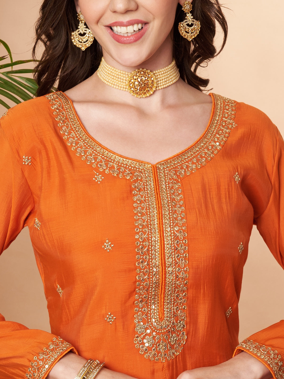 Orange Embroidered Cotton Silk Kurta Set with Dupatta