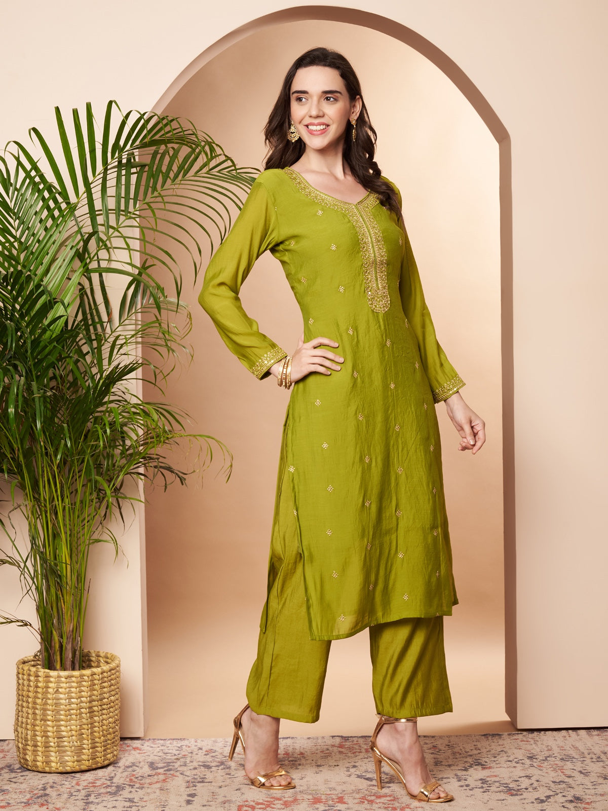 Green Embroidered Cotton Silk Kurta Set with Dupatta