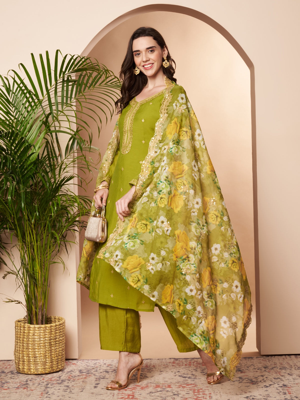 Green Embroidered Cotton Silk Kurta Set with Dupatta