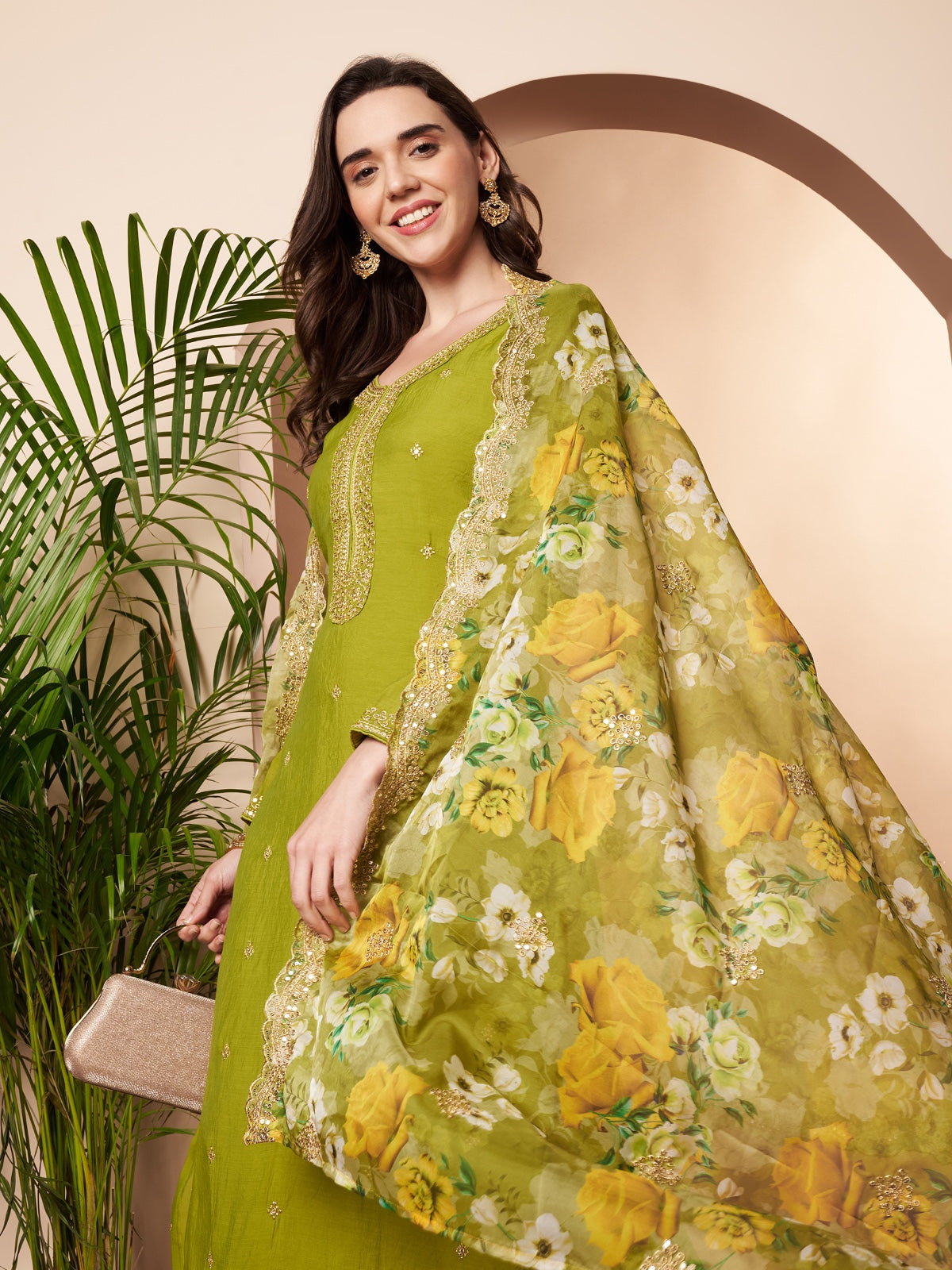 Green Embroidered Cotton Silk Kurta Set with Dupatta