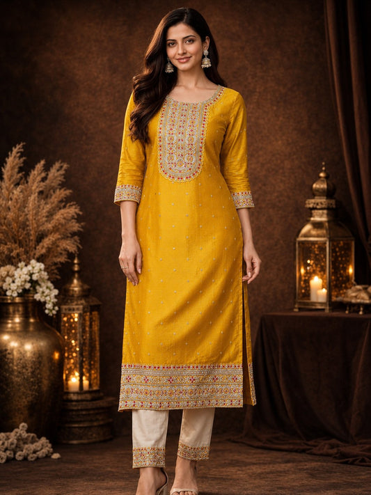 Mustard Beam Embroidered Art Silk Kurta