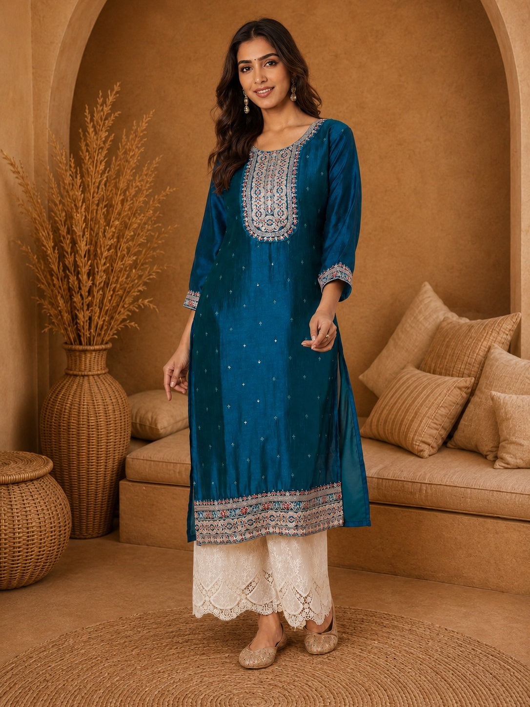 Teal-Beam-Premium-Embroidery Kurta