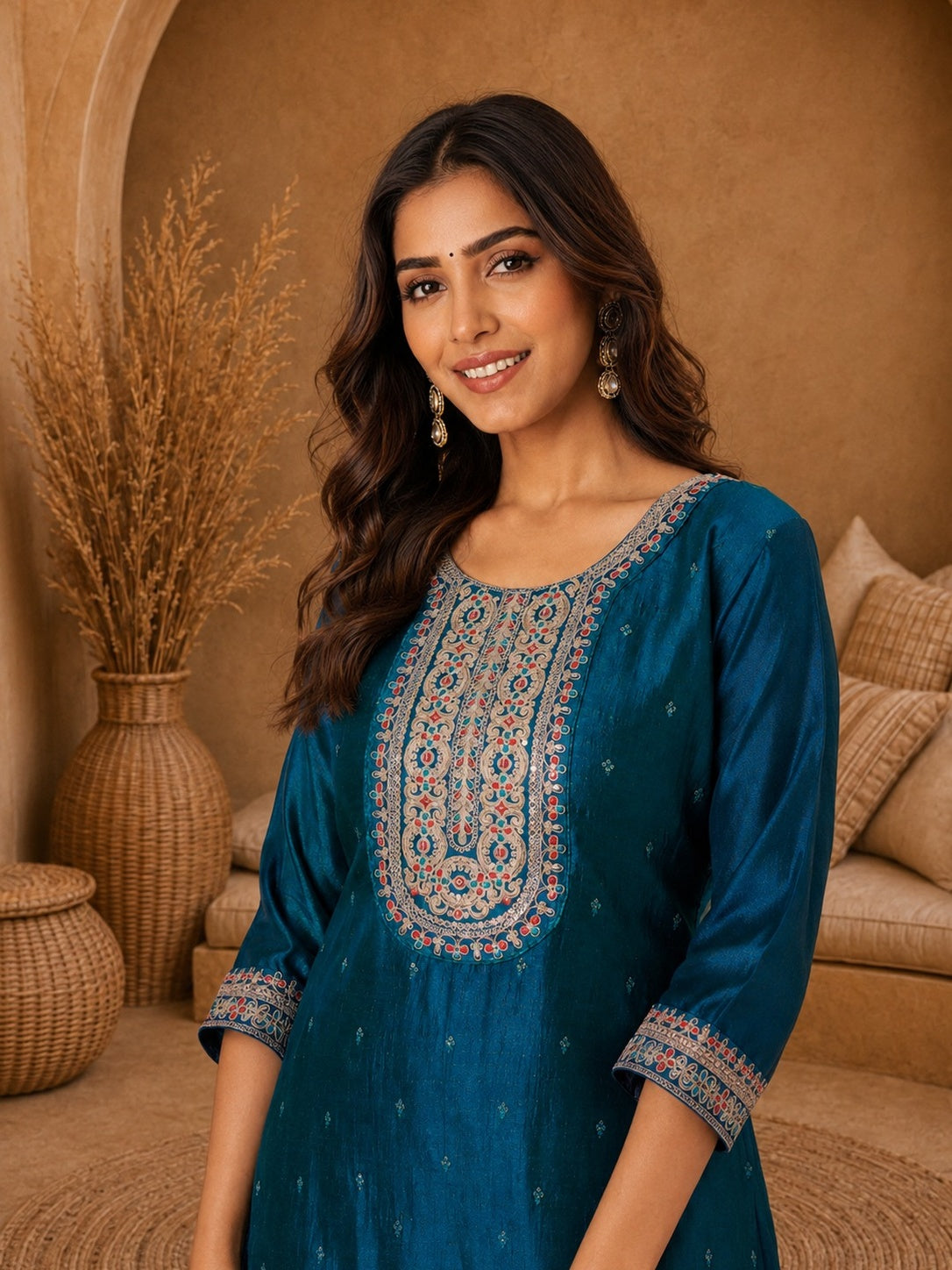 Teal-Beam-Premium-Embroidery Kurta