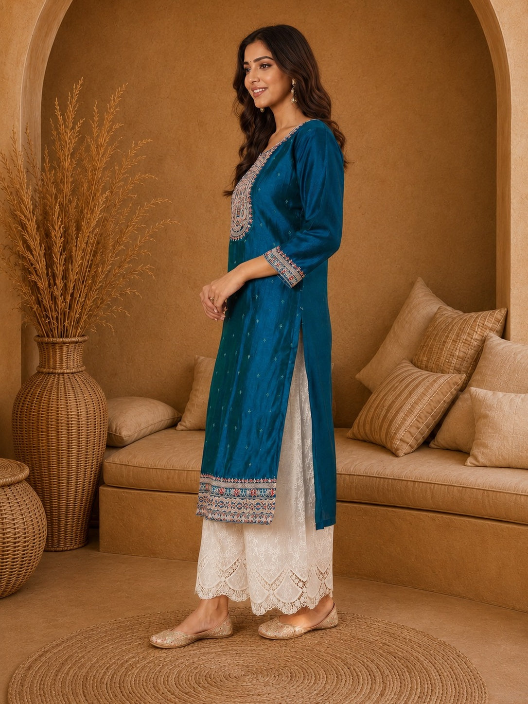 Teal-Beam-Premium-Embroidery Kurta