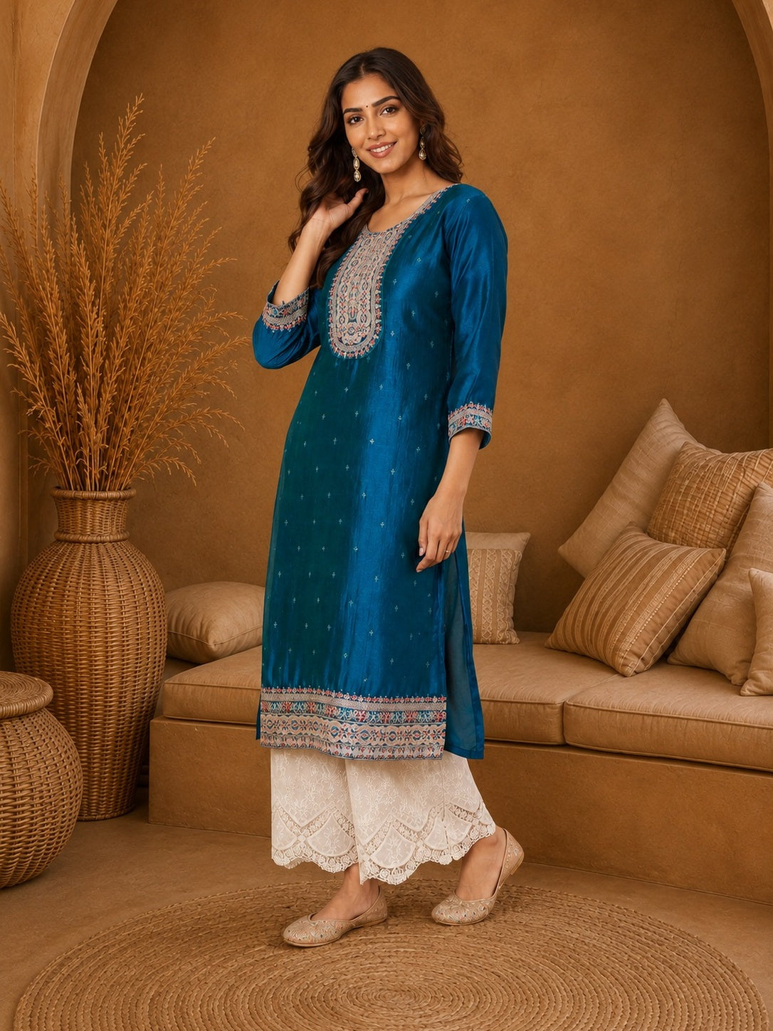 Teal-Beam-Premium-Embroidery Kurta