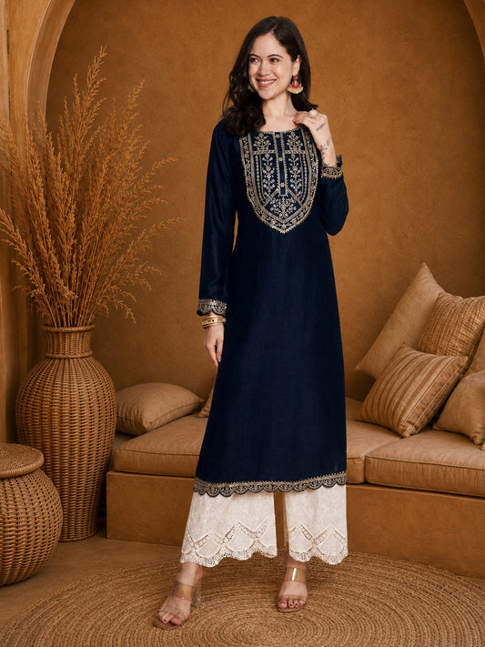 Blue-Yoke Full-Sleeve Vichitra Silk Kurta